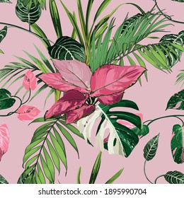 Tropical vintage red Aglaonema modestum Schott palant and many lind of exotic palm leaves floral seamless pattern on black background. Exotic jungle wallpaper.