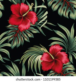 シームレスな柄の黒い背景に熱帯のビンテージ赤いハイビスカス花柄の緑の葉 エキゾチックな壁紙 のベクター画像素材 ロイヤリティフリー Shutterstock