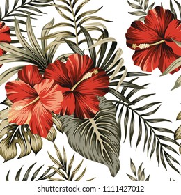 Tropical vintage red hibiscus floral green palm leaves seamless pattern white background. Exotic Hawaiian wallpaper.