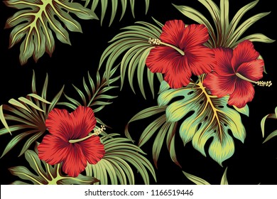 Tropical vintage red hibiscus floral green palm leaves seamless pattern black background. Exotic Hawaiian wallpaper.