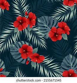 Tropical vintage red hibiscus floral green palm leaves seamless pattern dark green background. Exotic jungle wallpaper. Design for paper, cover, fabric, interior decor and other users.