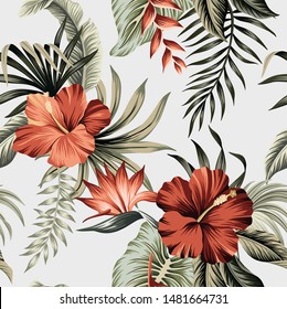 Tropical Vintage Red Hibiscus Flower, Palm Leaves Floral Seamless Pattern Grey Background. Exotic Jungle Wallpaper.