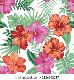 Tropical vintage red magenta hibiscus flower, palm leaves floral seamless pattern white background. Exotic jungle wallpaper.