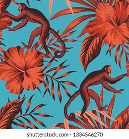 Tropical vintage red monkey, red hibiscus  flower, palm leaves floral seamless pattern blue background. Exotic jungle wallpaper.