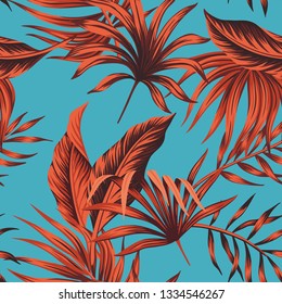 Tropical vintage red palm leaves floral seamless pattern blue background. Exotic jungle wallpaper.