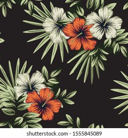 Tropical vintage red white hibiscus flower, palm leaves floral seamless pattern black background. Exotic jungle wallpaper.