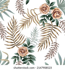 Tropical vintage rose flower, palm leaves floral seamless pattern white background. Exotic wallpaper.