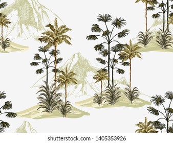 Tropical vintage seamless pattern background with palm trees, mountains.Isolated on white background. Exotic jungle wallpaper.Perfect for wallpapers,web page backgrounds,surface textures