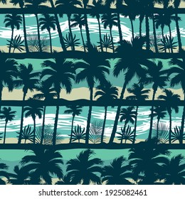 Tropical vintage seamless pattern with palm trees beach and sea landscape vector illustration