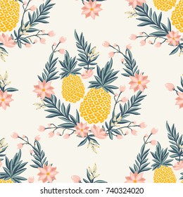 Tropical vintage seamless pattern with pineapple - vector luxury background