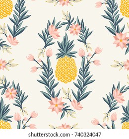 Tropical vintage seamless pattern with pineapple - vector luxury background