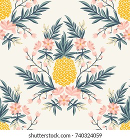 Tropical vintage seamless pattern with pineapple - vector luxury background