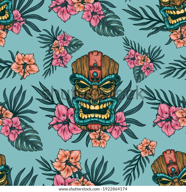 Tropical vintage\
seamless pattern with polynesian tiki mask hibiscus flowers and\
exotic leaves vector\
illustration