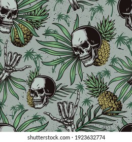 Tropical vintage seamless pattern with skulls pineapples palm leaves and skeleton hand showing shaka gesture vector illustration