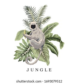 Tropical vintage sloth animal, banana leaves, palm leaves floral illustration. Exotic jungle summer slogan print.