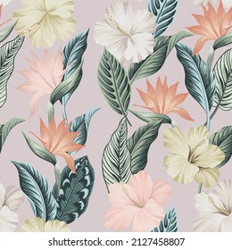 Tropical vintage strelitzia, hibiscus flower, palm leaves floral seamless pattern lilac background. Exotic jungle wallpaper.