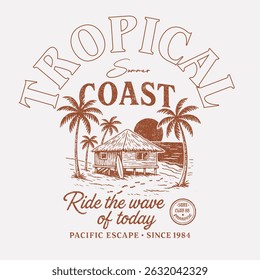 tropical vintage surf. tropical summer graphics in vintage. beach ball, surfboard, shell, palm tree, sun mixed sketch. Beach vibes print design. 