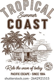 tropical vintage surf. tropical summer graphics in vintage.beach ball, surfboard, shell, palm tree, sun mixed sketch. Beach vibes print design.