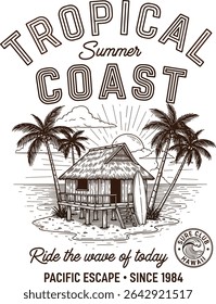 tropical vintage surf. tropical summer graphics in vintage.beach ball, surfboard, shell, palm tree, sun mixed sketch. Beach vibes print design.