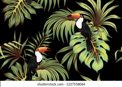 Tropical tintage, hojas de palma con un fondo negro sin costuras. Papel tapiz de la selva exótica.