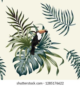 Tropical vintage toucan parrot floral palm leaves seamless pattern ivory background. Exotic jungle wallpaper.