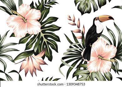 Tropical vintage toucan parrot green floral palm leaves pink hibiscus, strelitzia flower seamless pattern white background. Exotic jungle wallpaper.