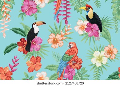 Tropical vintage toucan, parrot, macaw bird, red magenta yellow hibiscus flower, palm leaves floral seamless pattern blue background. Exotic jungle wallpaper.