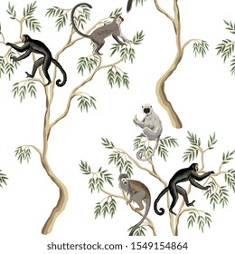 Tropical vintage tree, monkey animals floral seamless pattern white background. Exotic nature wallpaper.