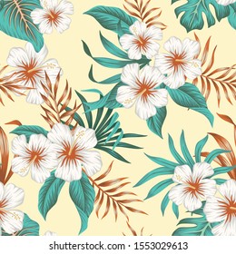 Tropical vintage white hibiscus, palm leaves floral seamless pattern yellow background. Exotic jungle wallpaper.