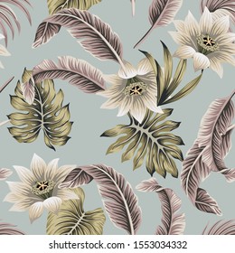 Tropical vintage white hibiscus, palm leaves floral seamless pattern grey background. Exotic jungle wallpaper.