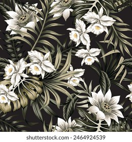 Tropical vintage loto blanco, flor de la orquídea, hojas de palma floral sin patrón de fondo negro. Fondo de pantalla exótico de la selva.