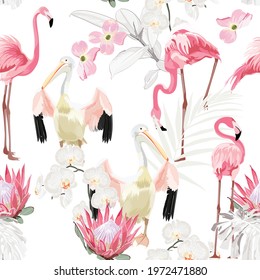 Tropical vintage white palm leaves and pink flowers, pelican flamingo birds floral seamless pattern on white background. Exotic jungle bird wallpaper.