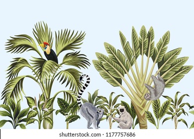 Tropical vintage wild animals, bird, palm tree, banana tree and plant floral seamless border blue background. Exotic jungle wallpaper.