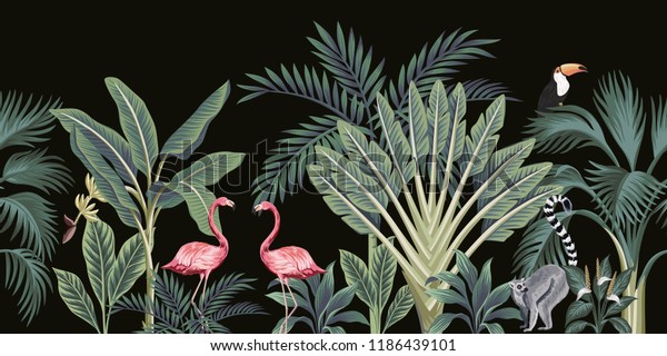 熱帯のビンテージ野生動物 鳥 ヤシの木 バナナの木 植物の花のシームレスな縁の黒い背景 エキゾチックなジャングルの壁紙 のベクター画像素材 ロイヤリティフリー