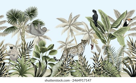 Tropical vintage wild animals, leopard, sloth, parrot, palm tree, banana tree and plant floral mural blue background. Exotic jungle wallpaper.