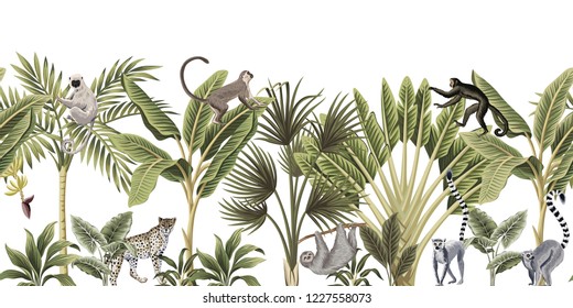 Tropical vintage wild animals, monkey, sloth, leopard, lemur, palm tree, banana tree and plant floral seamless border white background. Exotic jungle wallpaper.