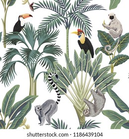 Tropical vintage wild animals, toucan, palm trees, banana tree floral seamless pattern white background. Exotic botanical jungle wallpaper.