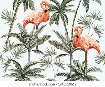 Tropical vintage wild flamingo,  palm trees, banana tree floral seamless pattern blue background. Exotic botanical jungle wallpaper.