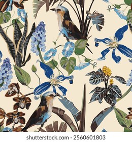 Tropical vintage wild pattern, banana tree, exotic flowers and bird floral seamless border beige background. Exotic abstract jungle wallpaper. 