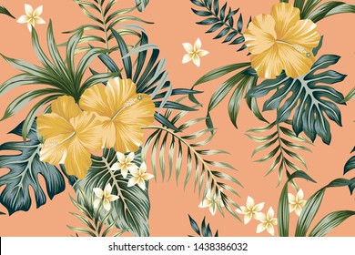 Tropical vintage yellow hibiscus flower, palm leaves floral seamless pattern peach  background. Exotic jungle wallpaper.