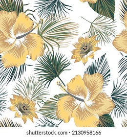 Tropical vintage yellow hibiscus flower, palm leaves floral seamless pattern white background. Exotic jungle wallpaper.