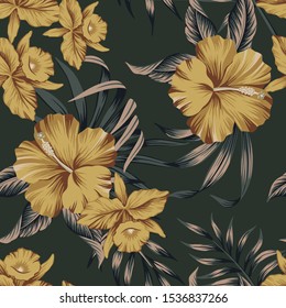 Tropical vintage yellow hibiscus, orchid  flower, palm leaves floral seamless pattern green background. Exotic jungle wallpaper.