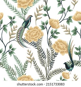 Tropical vintage yellow rose flower, bird, plant floral seamless pattern white background. Exotic wallpaper.