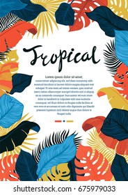 Tropical vivid leaf frame design. Summer tropical design with exotic palm leaves. Monstera, palm, banana leaves. Exotic botanical design. Summer jungle design. Hawaiian style. Vector illustration.