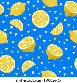 Tropical Vivid Seamless Pattern With Fresh Yellow Lemon Fruit. Fashion Clothing Design, Food Print. Vector Citrus Illustration. Blue Background, Green, Purple Leaves, Lemon Slises, Abstract Elements.