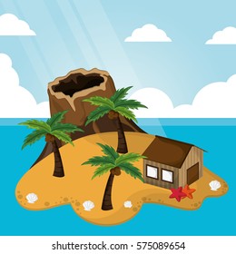 tropical volcano hut palm tree sunlight starfish sand