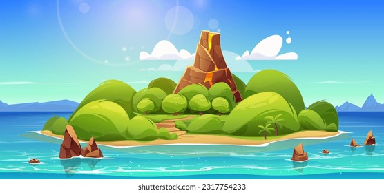 Tropical volcano island in sea cartoon vector landscape background. Exotic volcanic isle with palm tree forest in ocean water. Beautiful tropic tourism green seaside coast nature on sunny day.