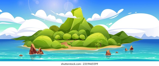 Tropical volcano island in sea cartoon vector landscape background. Exotic volcanic isle with palm tree forest in ocean water. Beautiful tropic tourism green seaside coast nature on sunny day.