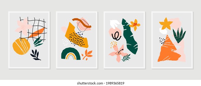Conjunto de vectores de arte de pared tropical. Dibujo artístico de línea de follaje con forma abstracta. Resumen Diseño de arte vegetal para la impresión, cubierta, papel pintado, arte de pared mínimo y natural. 