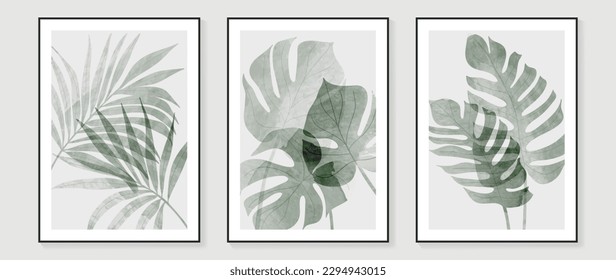 Tropical wall art vector set. Water color boho foliage line art drawing with abstract shape. Abstract Plant Art design for print, cover, wallpaper, Minimal and natural wall art. 